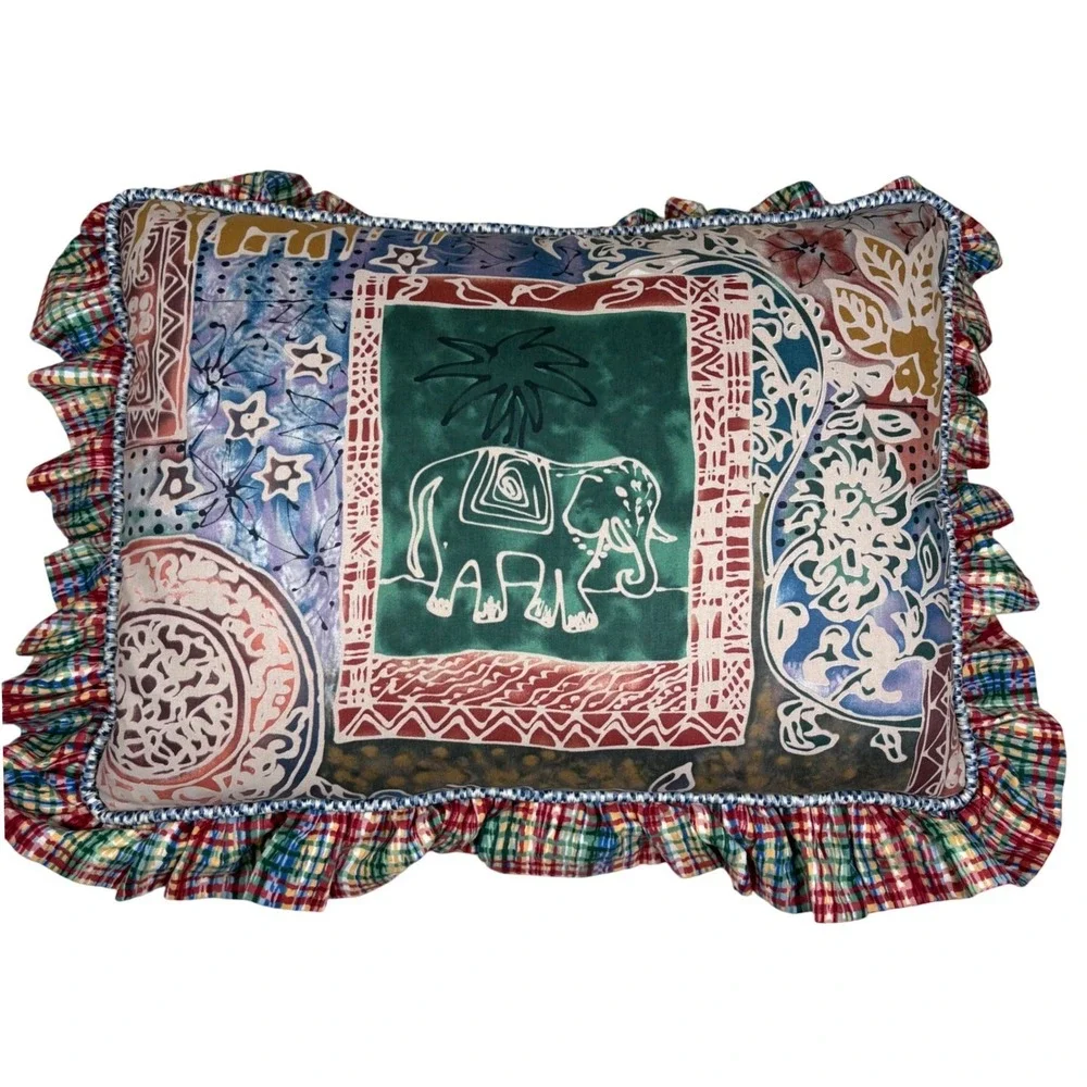 Elephant Pillows Colorful Ruffle Trim Throw Pillow African Asian Rare